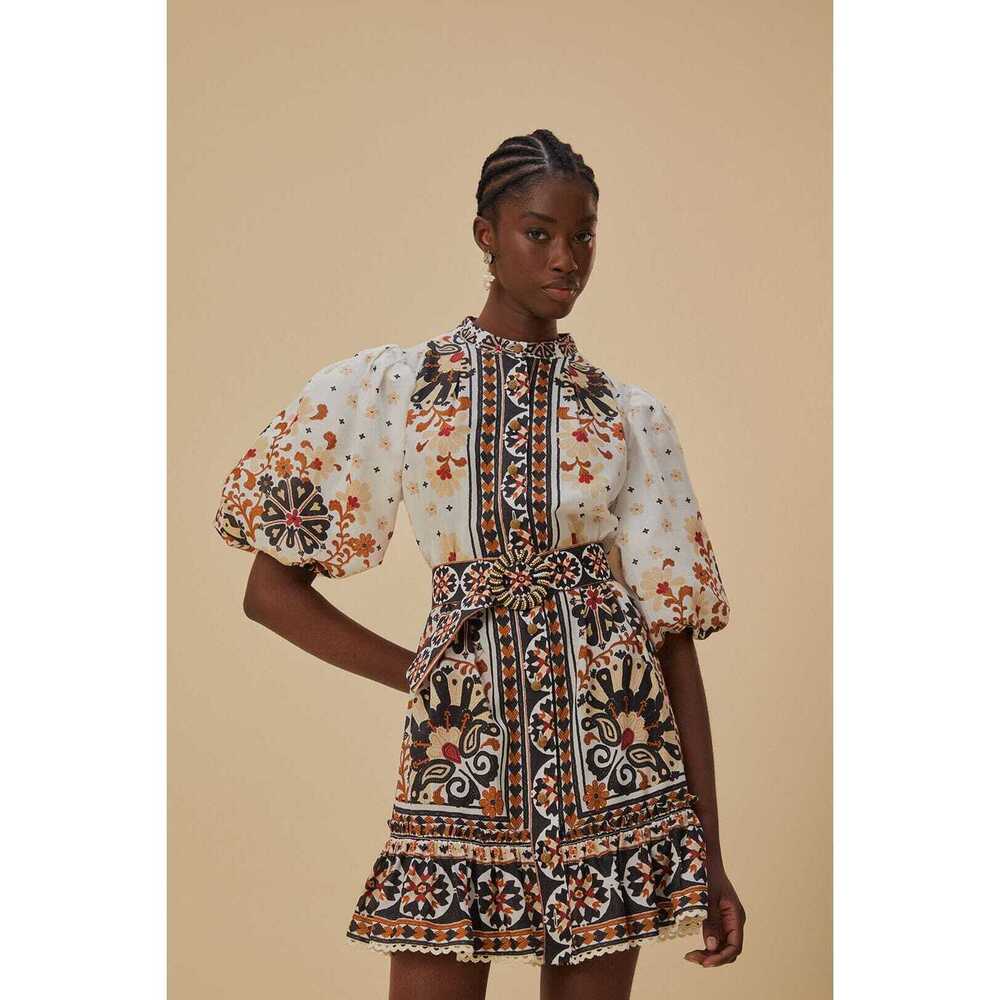 Farm Rio Flower Fan Tapestry Off-White Mini Dress